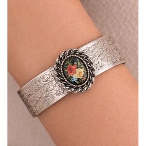 Vintage Silver Tone Floral Embossed Hinged Cuff Bracelet Rose Cameo Bangle